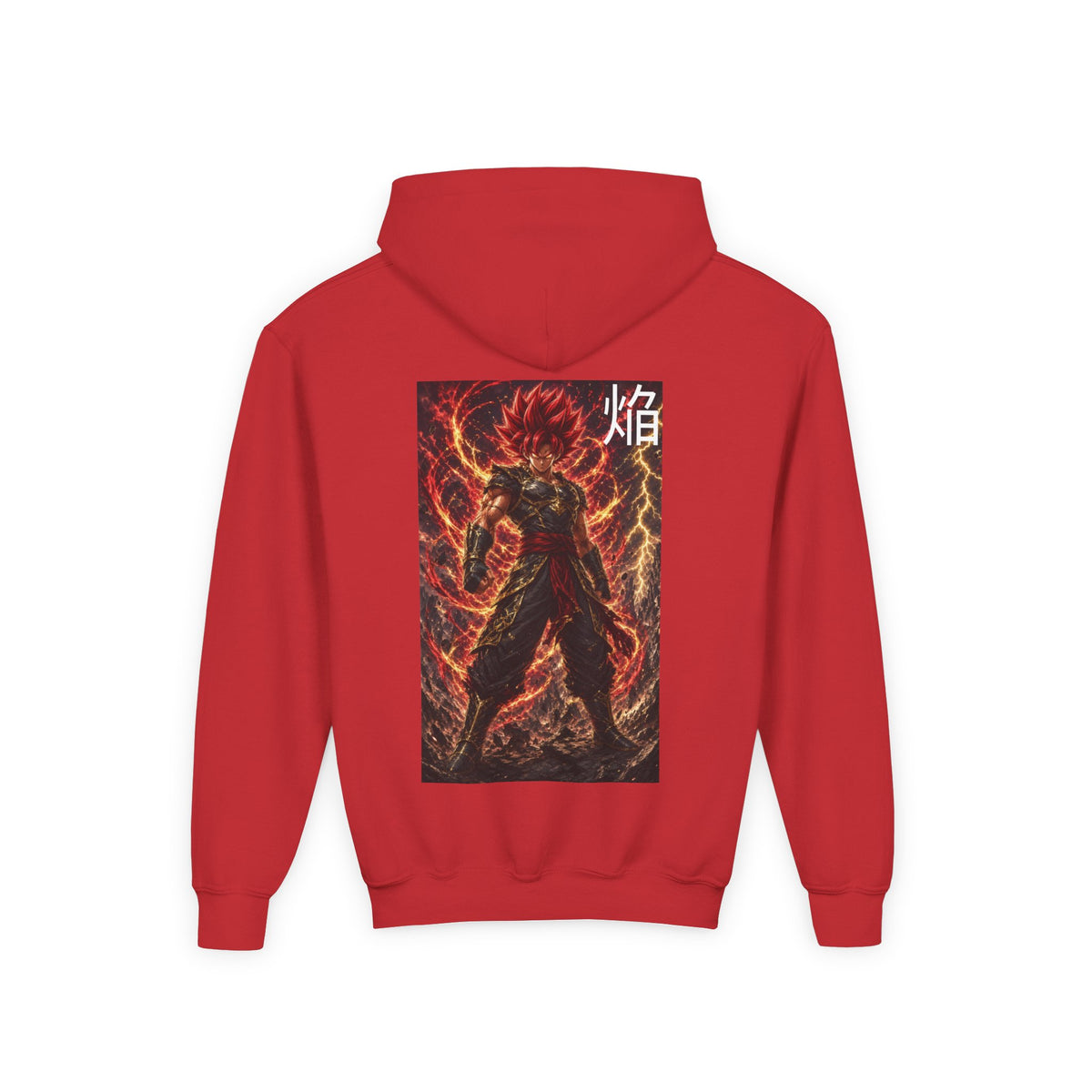Fiery Crimson Warrior Hoodie, Flame Kanji Anime Kids Pullover, Front Minimal Chest Text Back Print Elemental Graphic Youth Sweatshirt