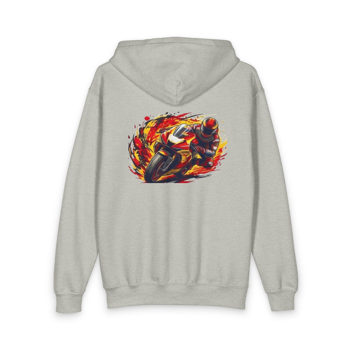 Flaming Motorcycle Rider Youth Hoodie | Zipped Red Hooded Sweatshirt