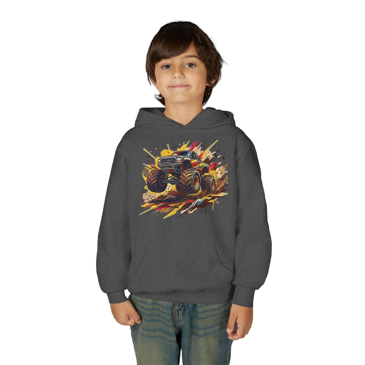 Monster Truck Illustration Youth Hoodie | Racing Mud Splash Graphic