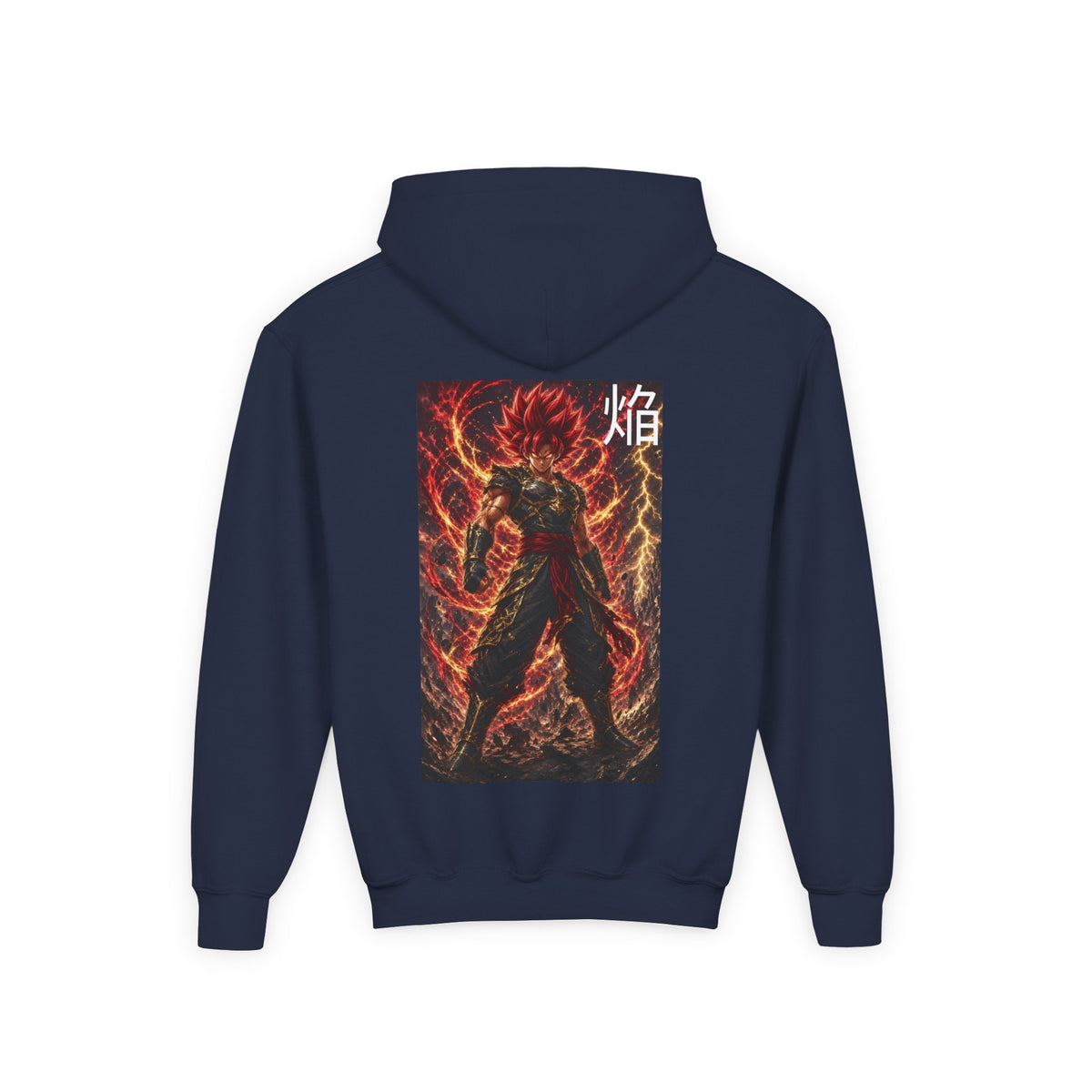 Fiery Crimson Warrior Hoodie, Flame Kanji Anime Kids Pullover, Front Minimal Chest Text Back Print Elemental Graphic Youth Sweatshirt