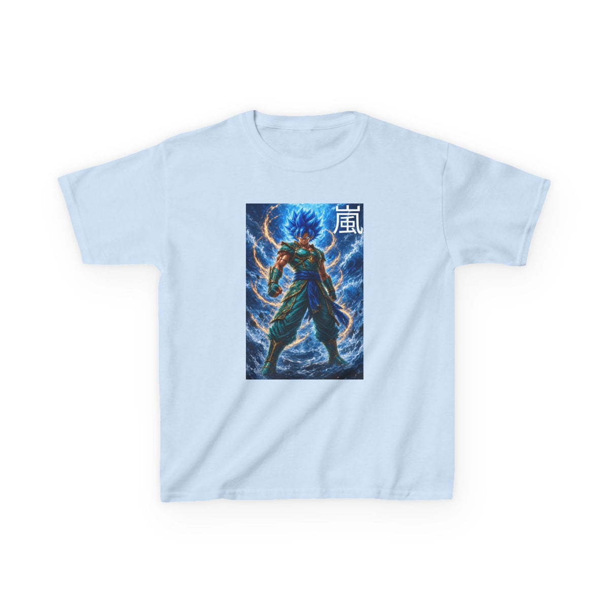 Kinetic Lightning Tee, Storm Kanji Blue Warrior Youth Shirt, Elemental Electric Fighter Graphic Kids Playwear Clothing