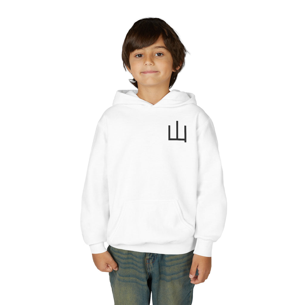 Deep Forest Warrior Hoodie, Mountain Kanji Anime Kids Pullover, Front Minimal Chest Text Back Print Elemental Graphic Youth Sweatshirt