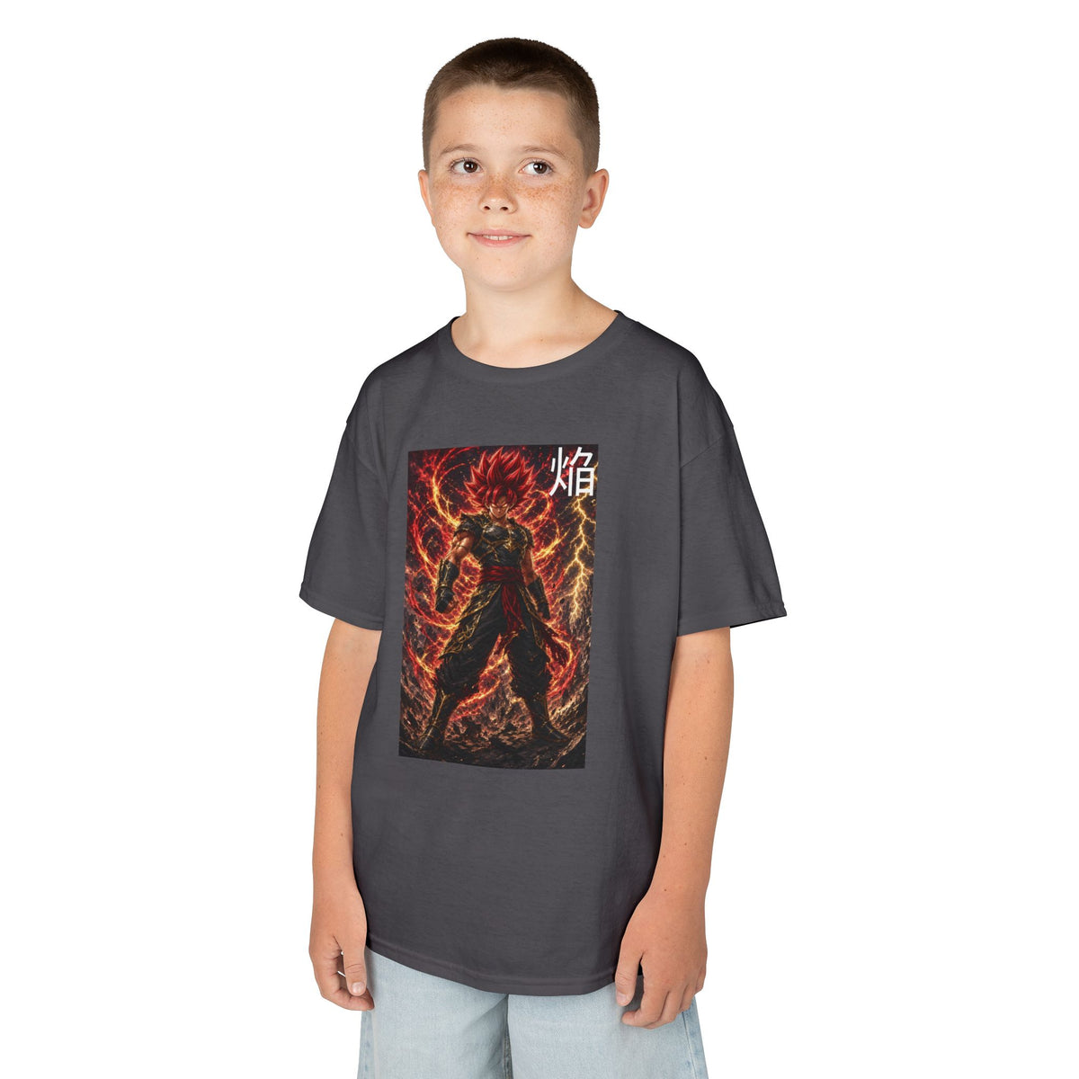 Volcanic Crimson Tee, Flame Kanji Magma Warrior Youth Shirt, Elemental Fire Fighter Graphic Kids Playwear Clothing