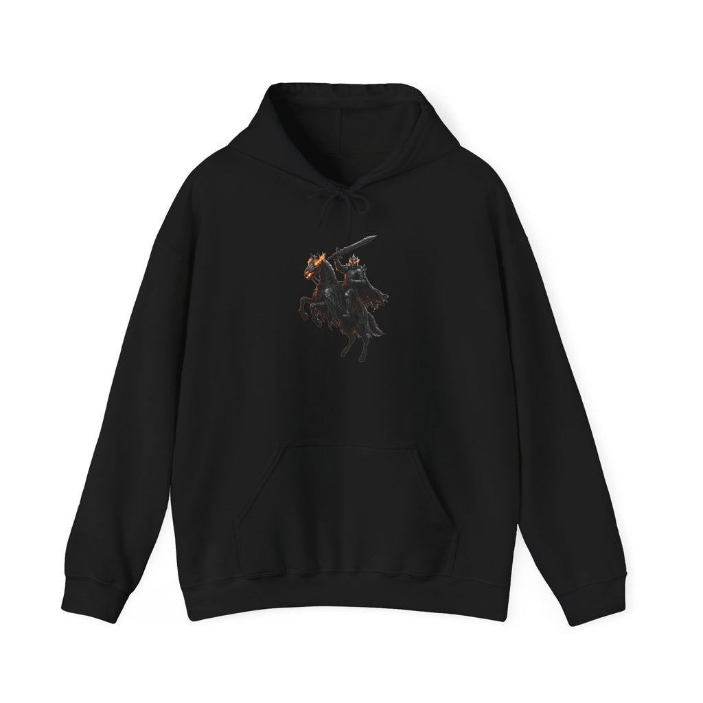 Minimalist Silhouette Front Hoodie, Full Color Back Battle Scene Sweatshirt, Double Sided Gothic Heavyweight Pullover Apparel