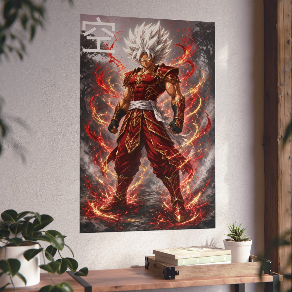 Sky Kanji Warrior Poster, White Hair God Mode Anime Art Print, Vertical Elemental Fighter Giclee Wall Decor
