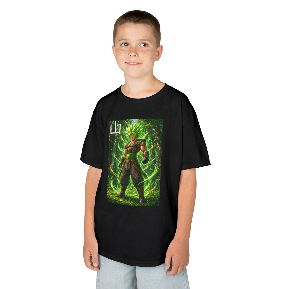 Emerald Forest Tee, Mountain Kanji Green Warrior Youth Shirt, Elemental Earth Fighter Graphic Kids Playwear Clothing