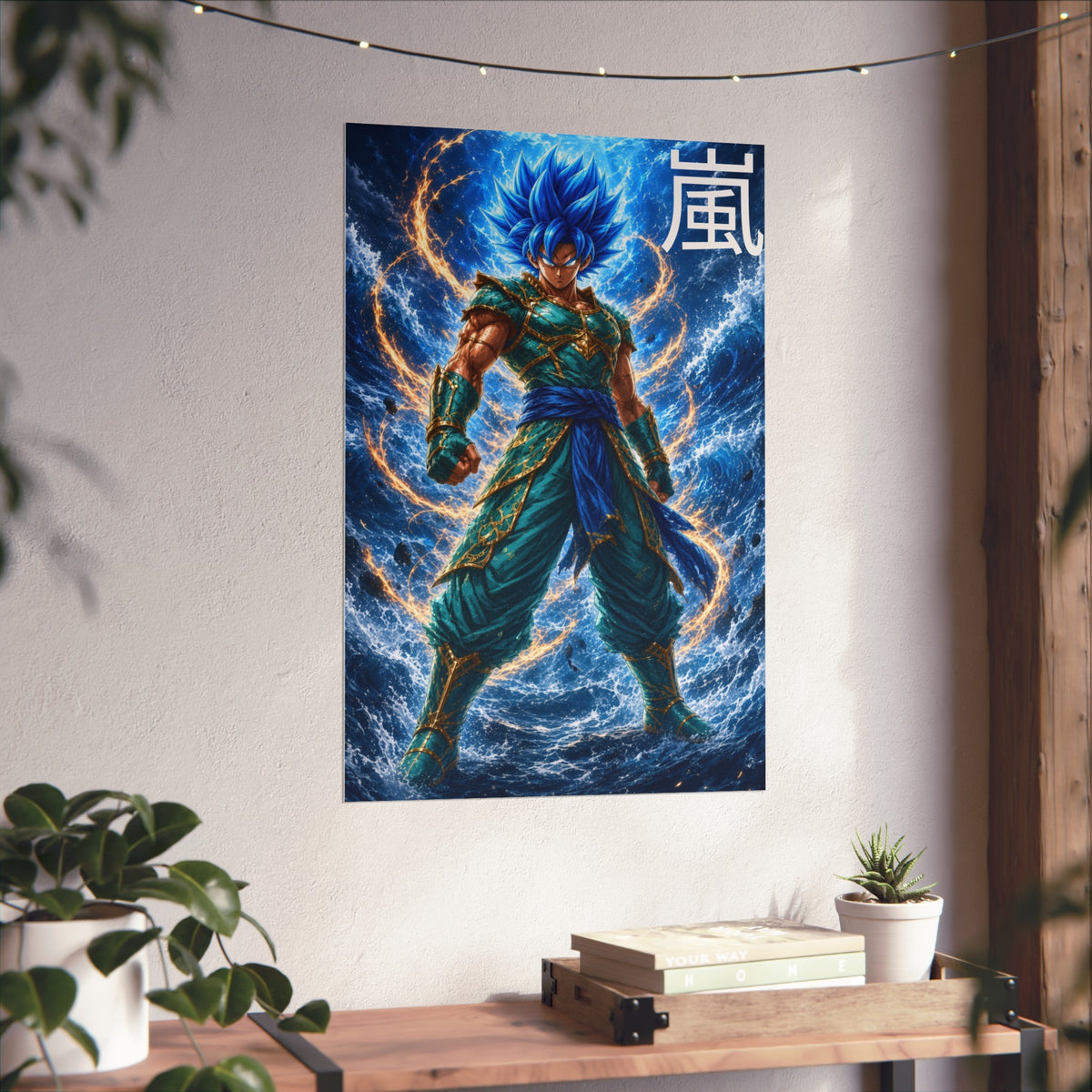 Storm Kanji Poster, Electric Blue Aura Anime Art Print, Vertical Elemental Lightning Fighter Giclee Wall Decor