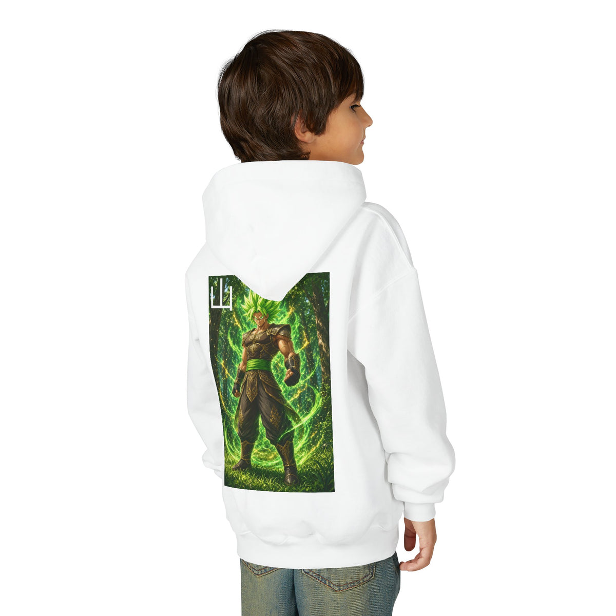 Deep Forest Warrior Hoodie, Mountain Kanji Anime Kids Pullover, Front Minimal Chest Text Back Print Elemental Graphic Youth Sweatshirt