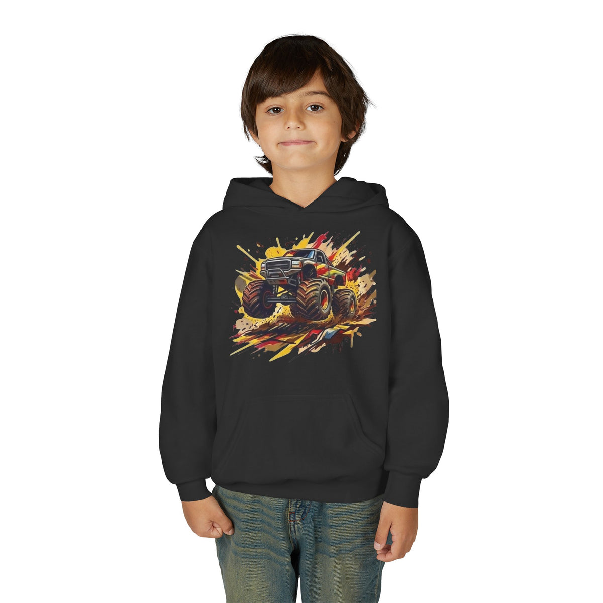 Monster Truck Illustration Youth Hoodie | Racing Mud Splash Graphic