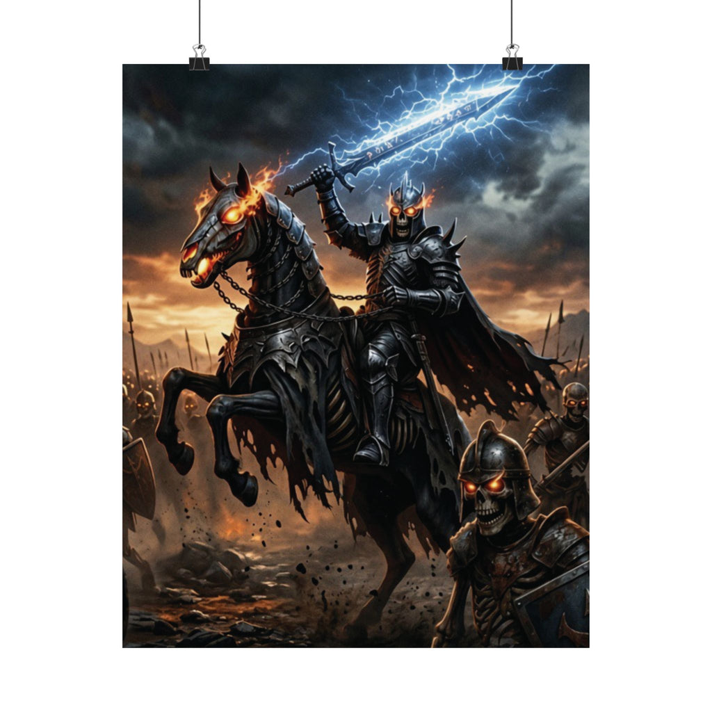 Storm Swept Battlefield Poster, Vertical Matte Dark Fantasy Wall Art, Armored Undead Warlord Giclee Print for Gaming Room