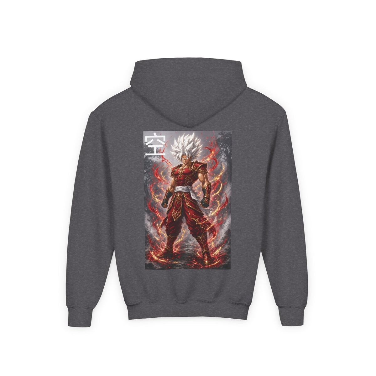 White Hair Warrior Hoodie, Sky Kanji Anime Kids Pullover, Front Minimal Chest Text Back Print Elemental Graphic Youth Sweatshirt