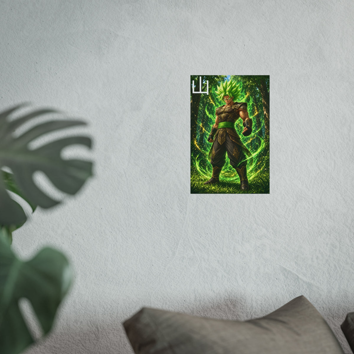 Mountain Kanji Poster, Emerald Green Aura Anime Art Print, Vertical Elemental Forest Fighter Giclee Wall Decor