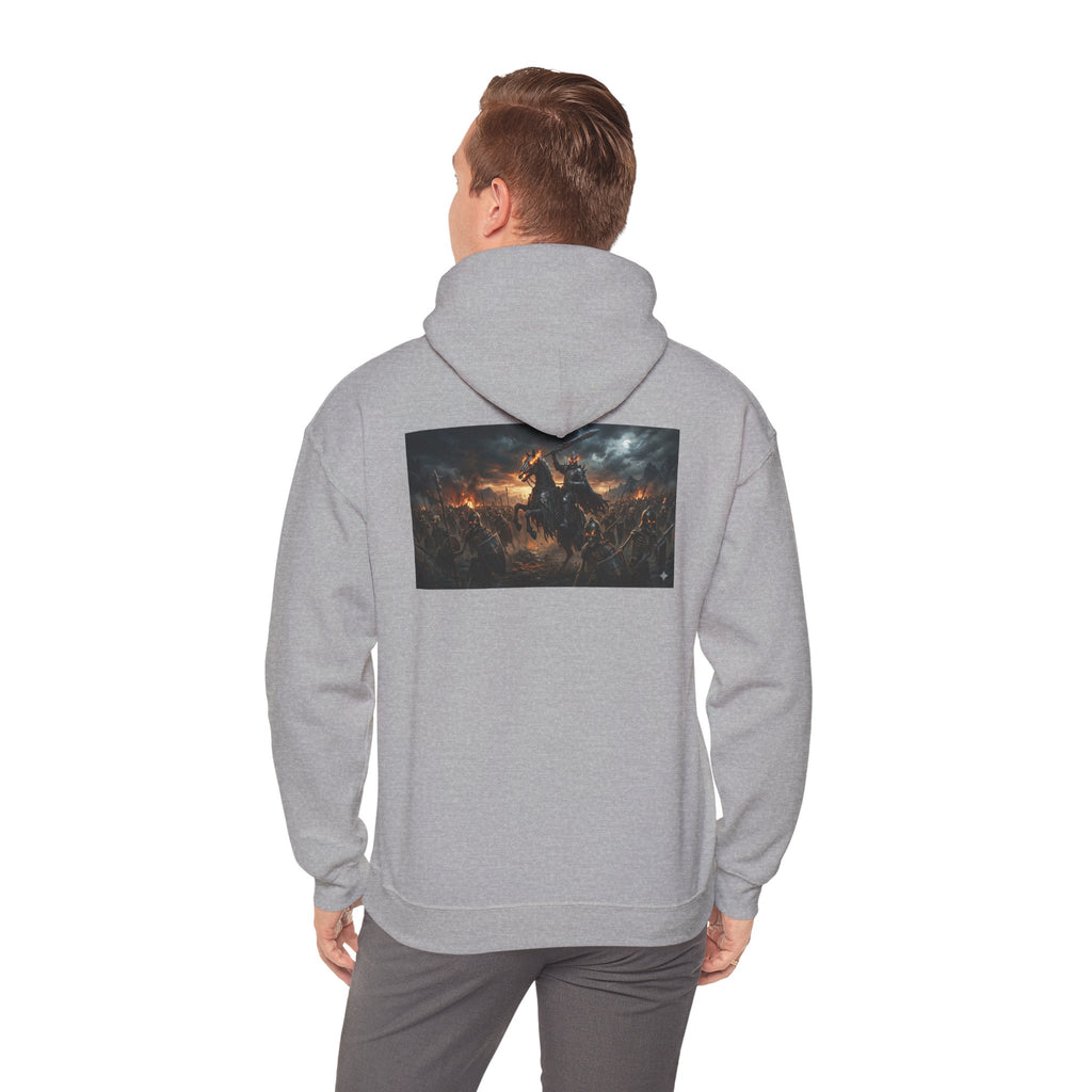 Minimalist Silhouette Front Hoodie, Full Color Back Battle Scene Sweatshirt, Double Sided Gothic Heavyweight Pullover Apparel