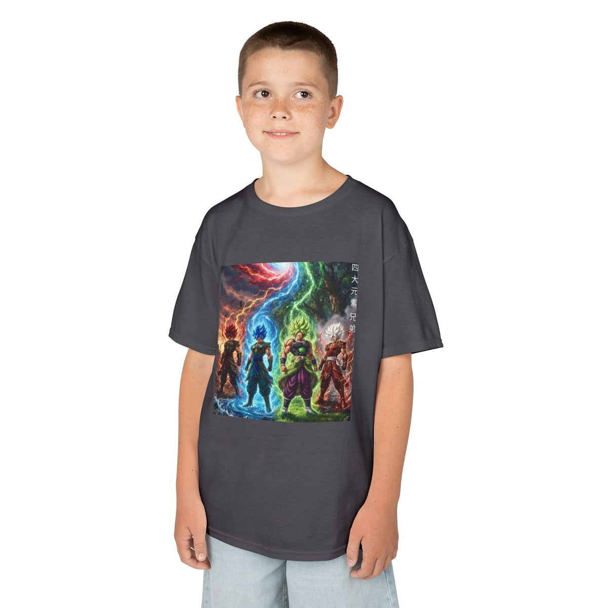 Group Warrior Tee, Four Elemental Brothers Kids Shirt, Team Anime Fighter Multicharacter Graphic Youth Playwear Clothing