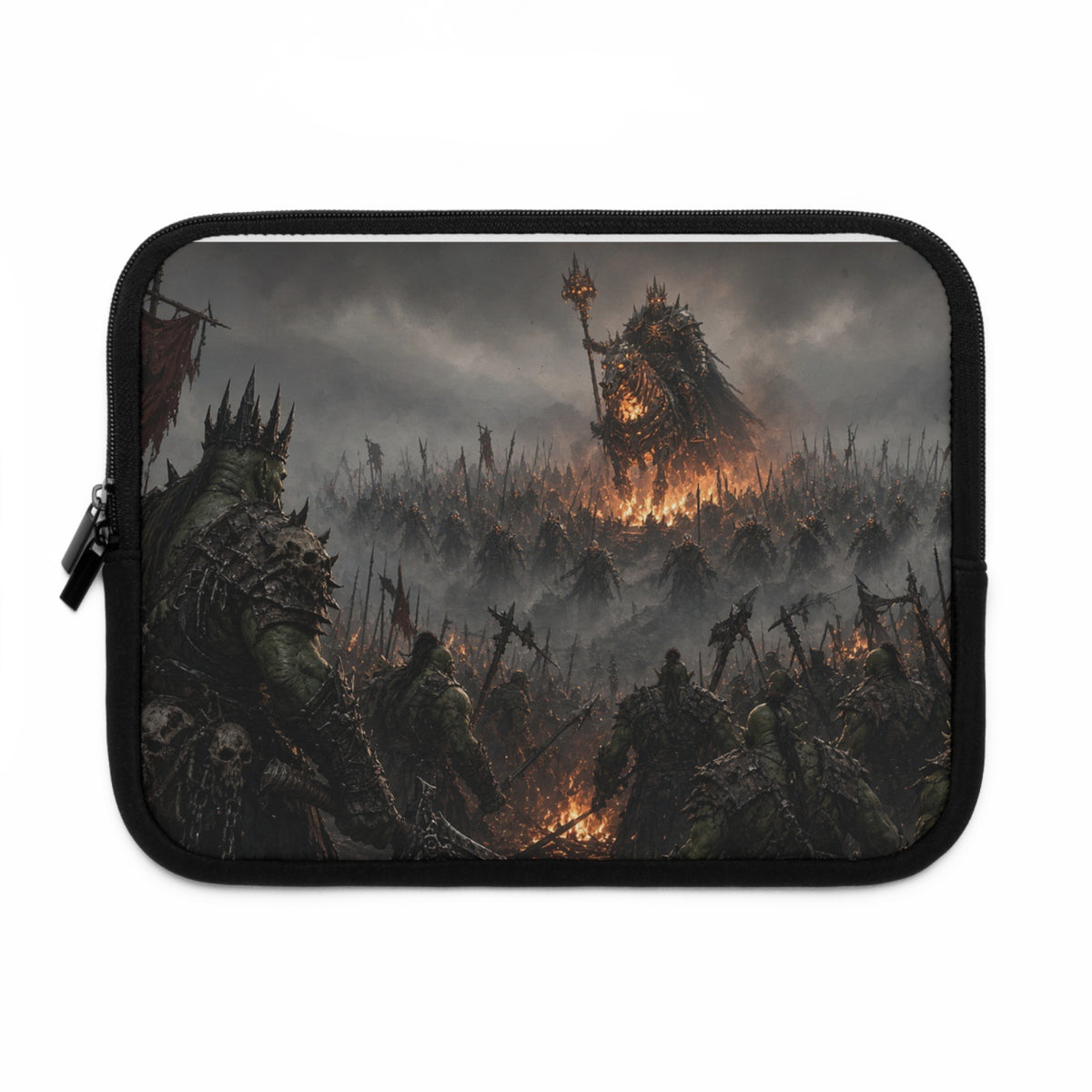 Spiked Crown Warlord Laptop Sleeve, Flaming Banner Orc Army Computer Case, Dark Fantasy Tabletop RPG Tactical Notebook Cover