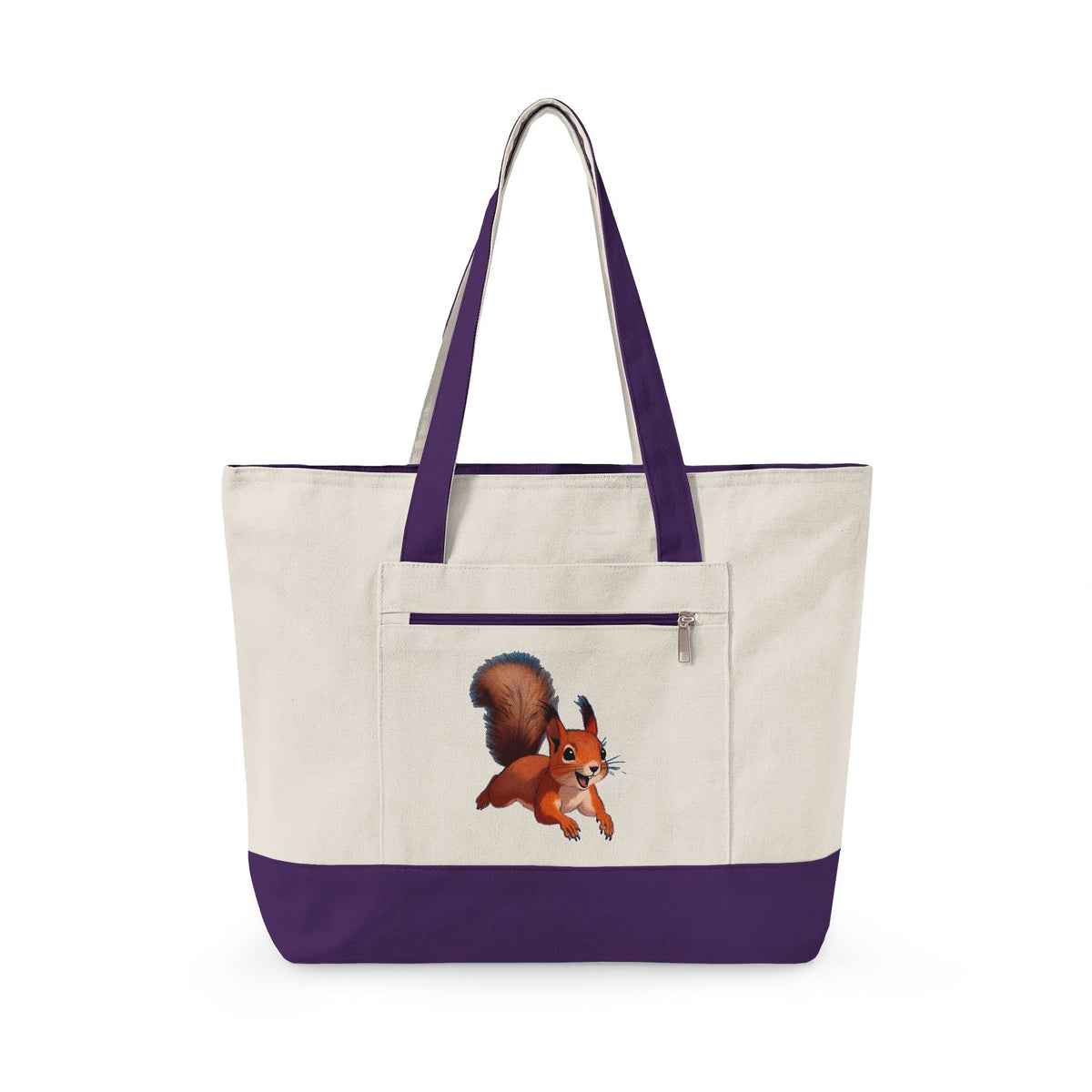 Cute Squirrel Canvas Tote Bag Zippered Heavy Duty Cotton Shoulder Pouch Everyday Animal Grocery Pack