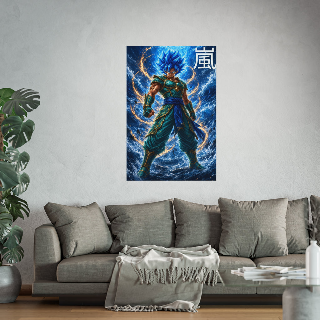 Storm Kanji Poster, Electric Blue Aura Anime Art Print, Vertical Elemental Lightning Fighter Giclee Wall Decor
