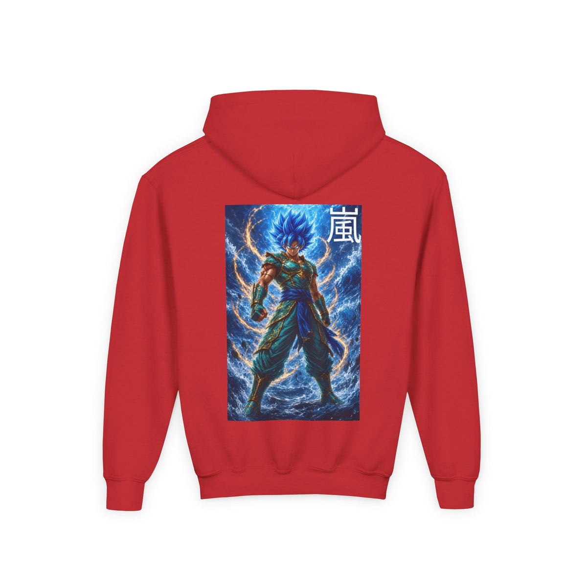 Electric Lightning Warrior Hoodie, Storm Kanji Anime Kids Pullover, Front Minimal Chest Text Back Print Elemental Graphic Youth Sweatshirt