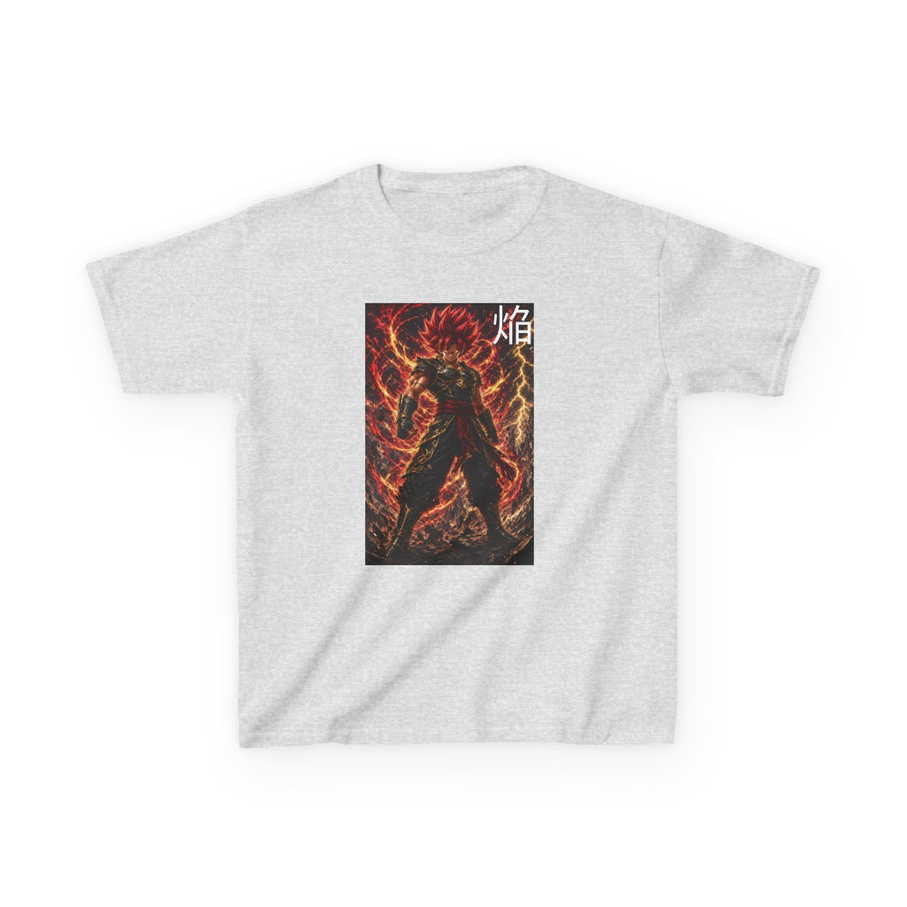 Volcanic Crimson Tee, Flame Kanji Magma Warrior Youth Shirt, Elemental Fire Fighter Graphic Kids Playwear Clothing