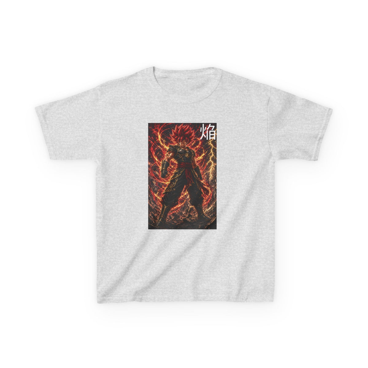 Volcanic Crimson Tee, Flame Kanji Magma Warrior Youth Shirt, Elemental Fire Fighter Graphic Kids Playwear Clothing