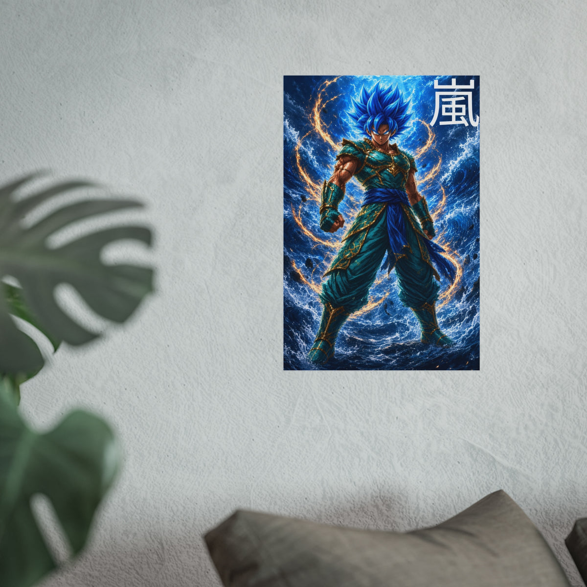 Storm Kanji Poster, Electric Blue Aura Anime Art Print, Vertical Elemental Lightning Fighter Giclee Wall Decor