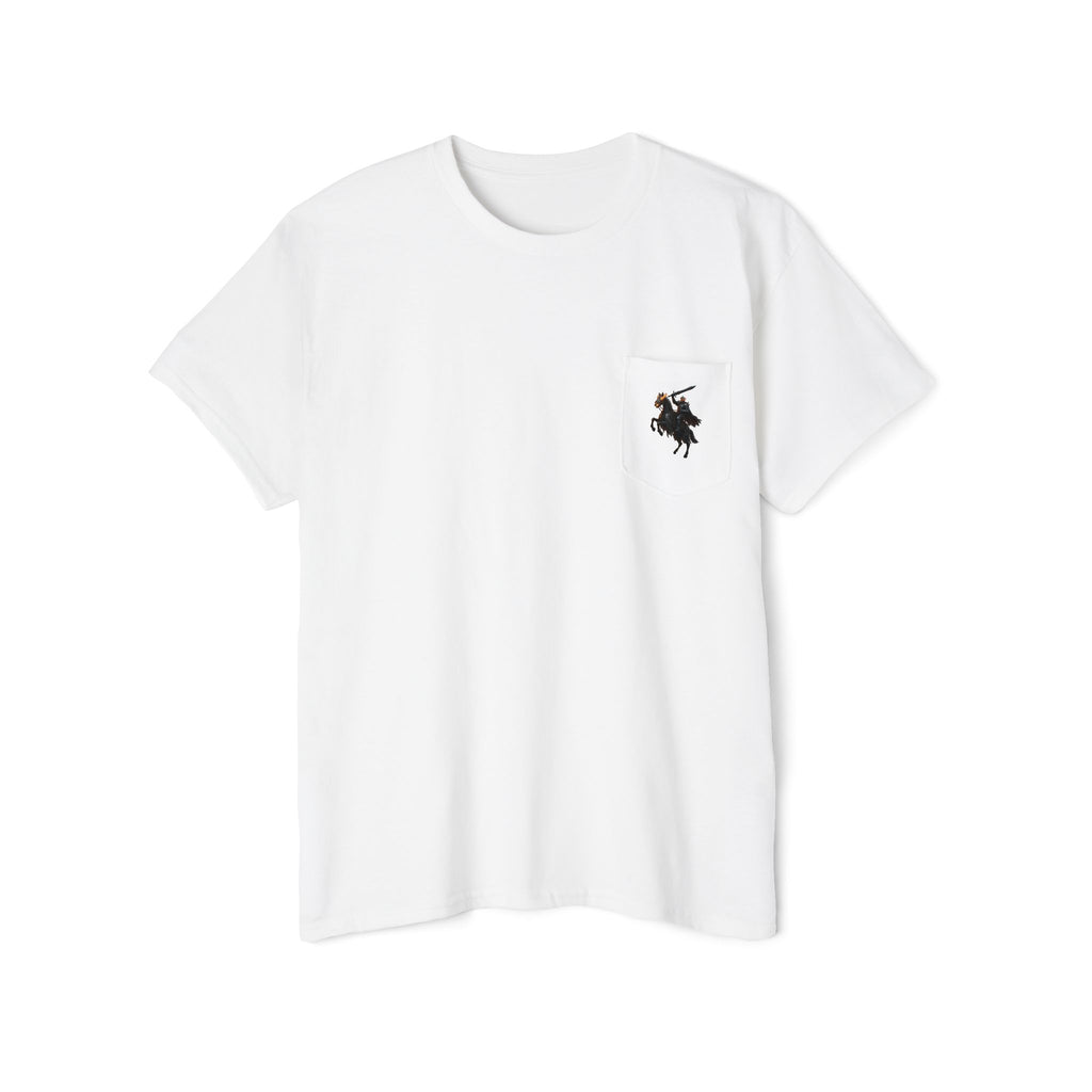 Front Pocket Emblem T-Shirt, Full Color Back Print Dark Knight Tee, Double Sided Medieval Undead Warrior Apparel