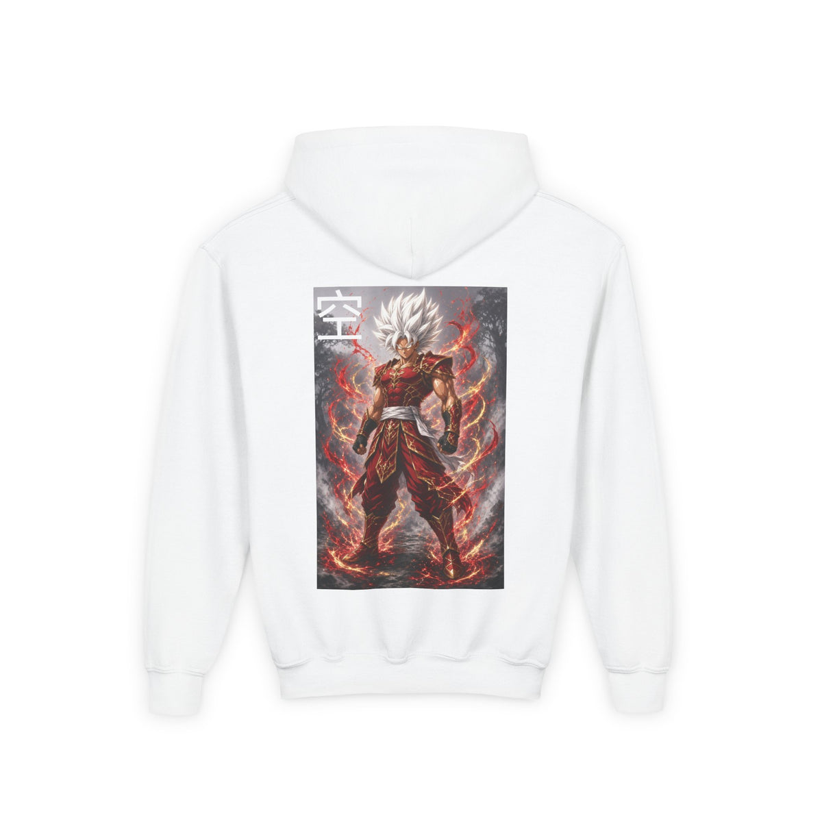 White Hair Warrior Hoodie, Sky Kanji Anime Kids Pullover, Front Minimal Chest Text Back Print Elemental Graphic Youth Sweatshirt