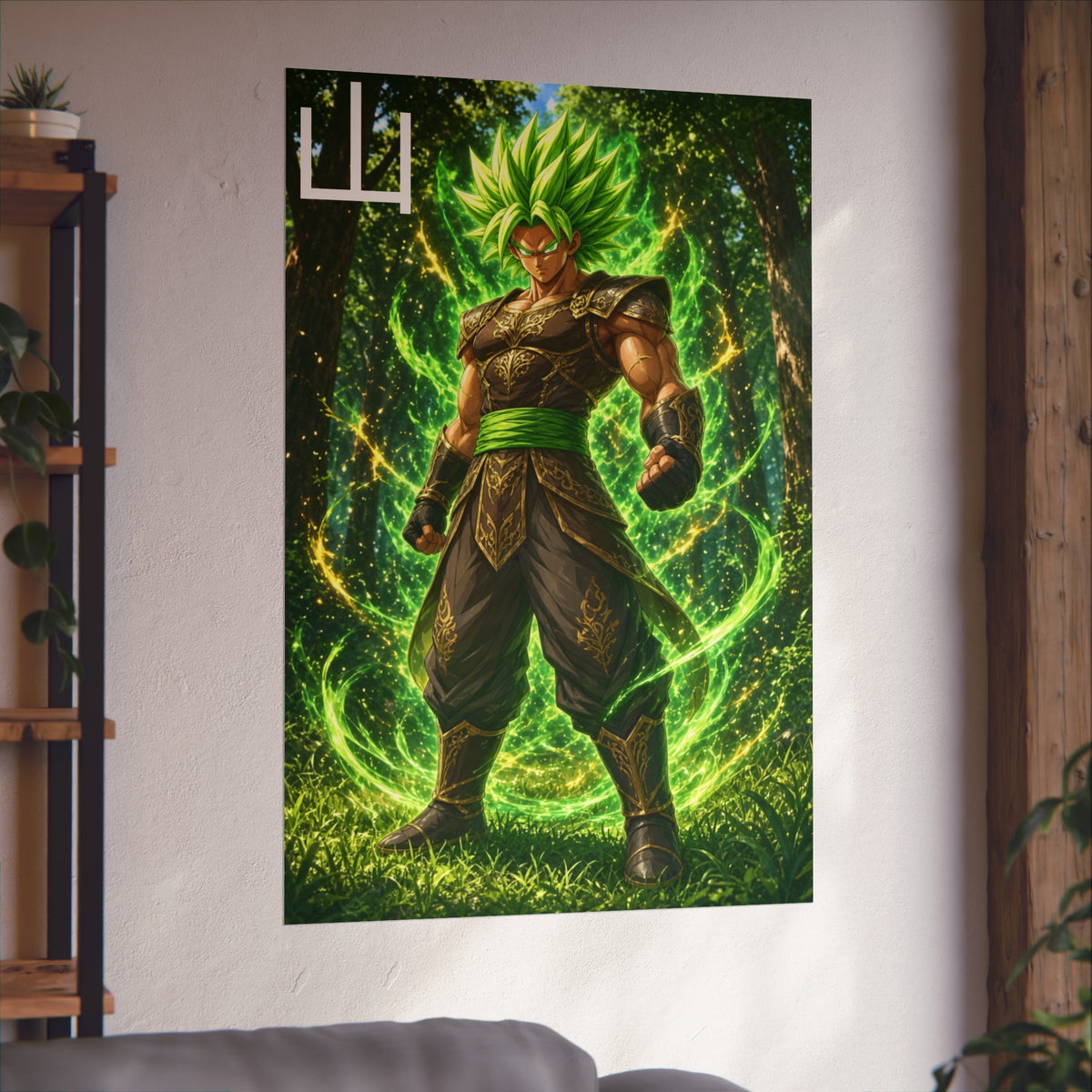 Mountain Kanji Poster, Emerald Green Aura Anime Art Print, Vertical Elemental Forest Fighter Giclee Wall Decor