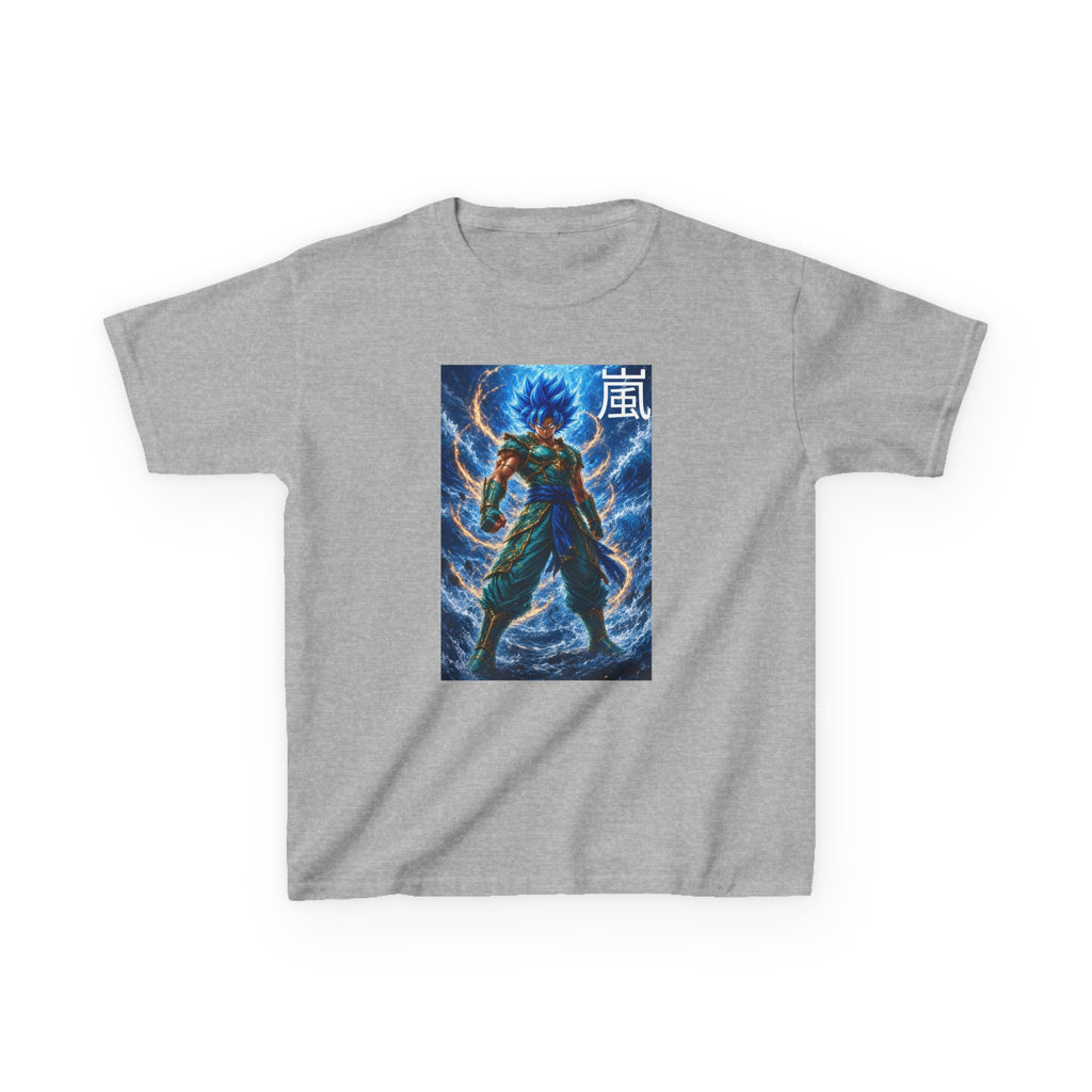 Kinetic Lightning Tee, Storm Kanji Blue Warrior Youth Shirt, Elemental Electric Fighter Graphic Kids Playwear Clothing