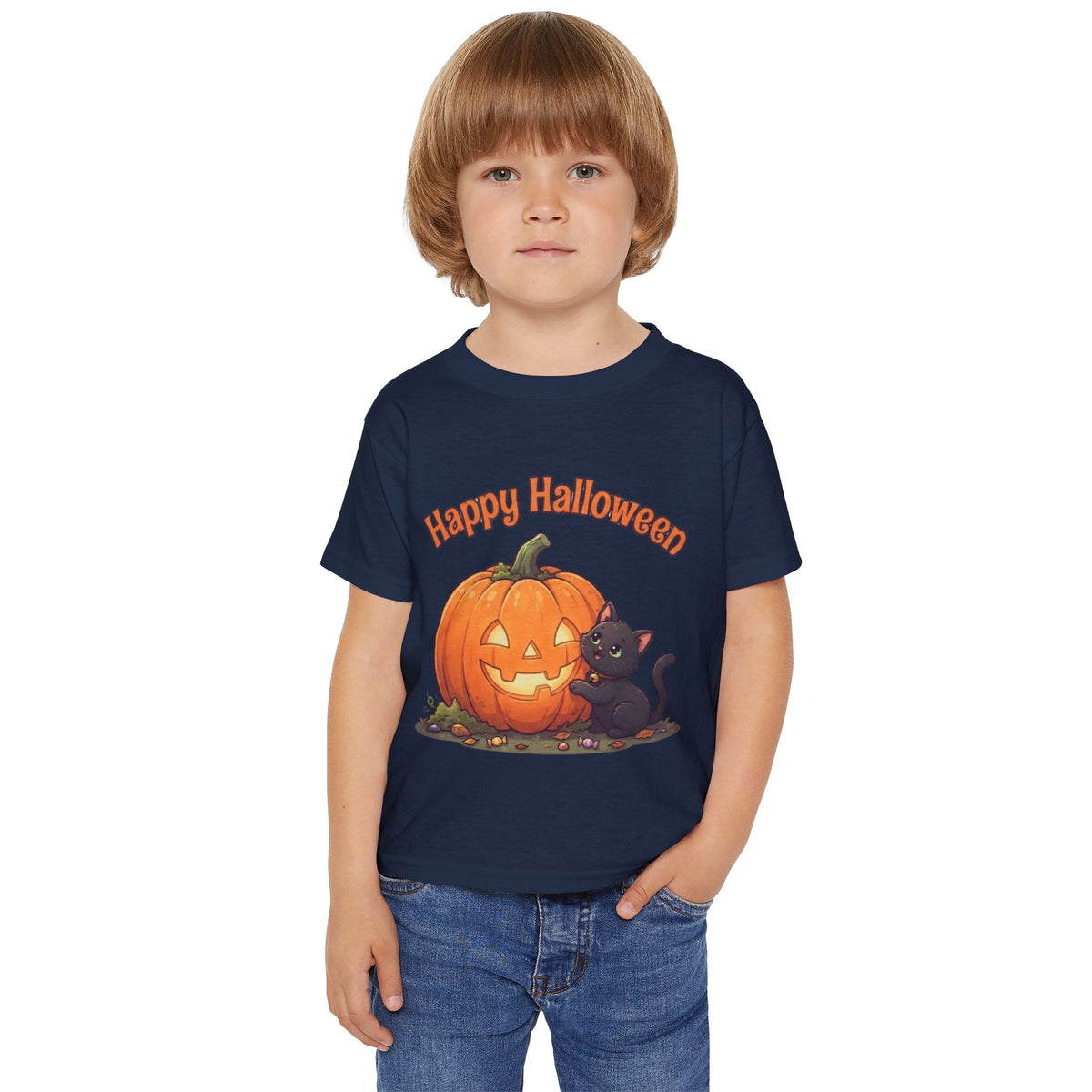 Purring Black Cat Halloween Toddler Tee | Retro Jack-O-Lantern Kids Shirt