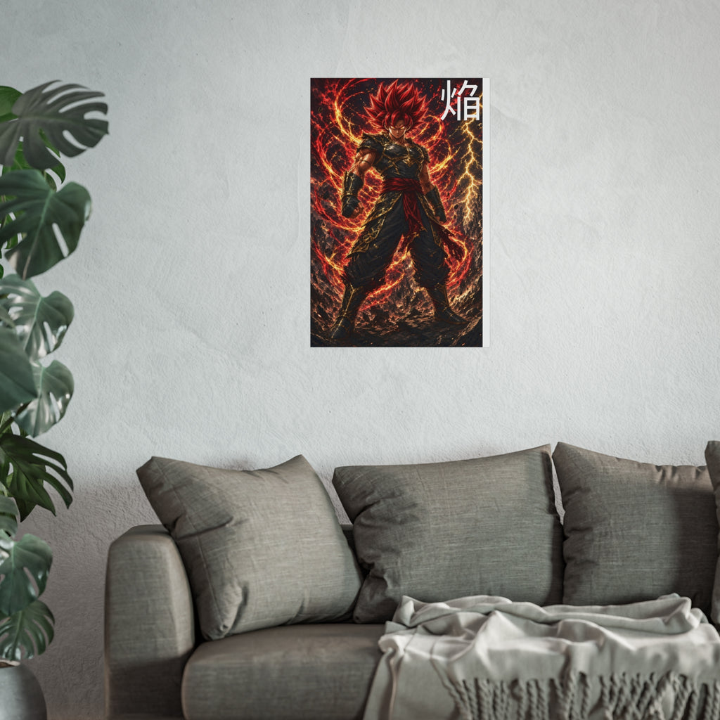 Flame Kanji Poster, Crimson Magma Aura Anime Art Print, Vertical Elemental Fire Fighter Giclee Wall Decor