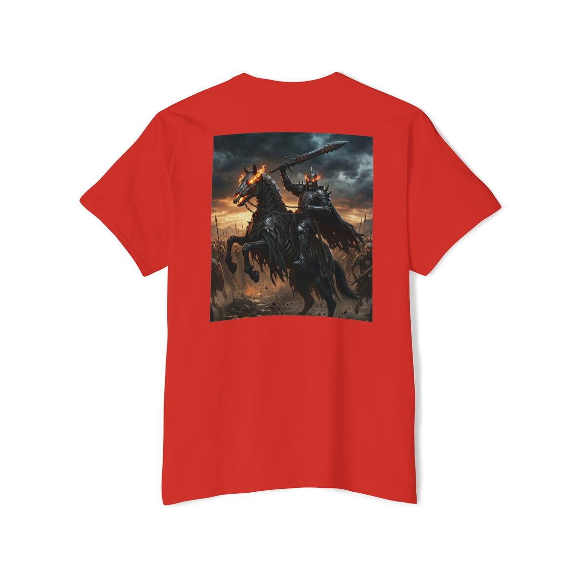 Front Pocket Emblem T-Shirt, Full Color Back Print Dark Knight Tee, Double Sided Medieval Undead Warrior Apparel