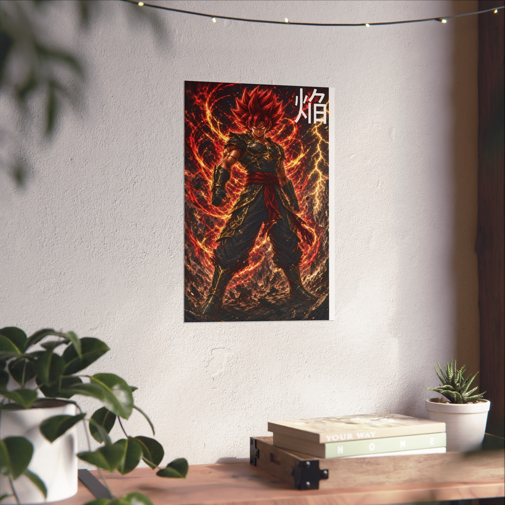 Flame Kanji Poster, Crimson Magma Aura Anime Art Print, Vertical Elemental Fire Fighter Giclee Wall Decor