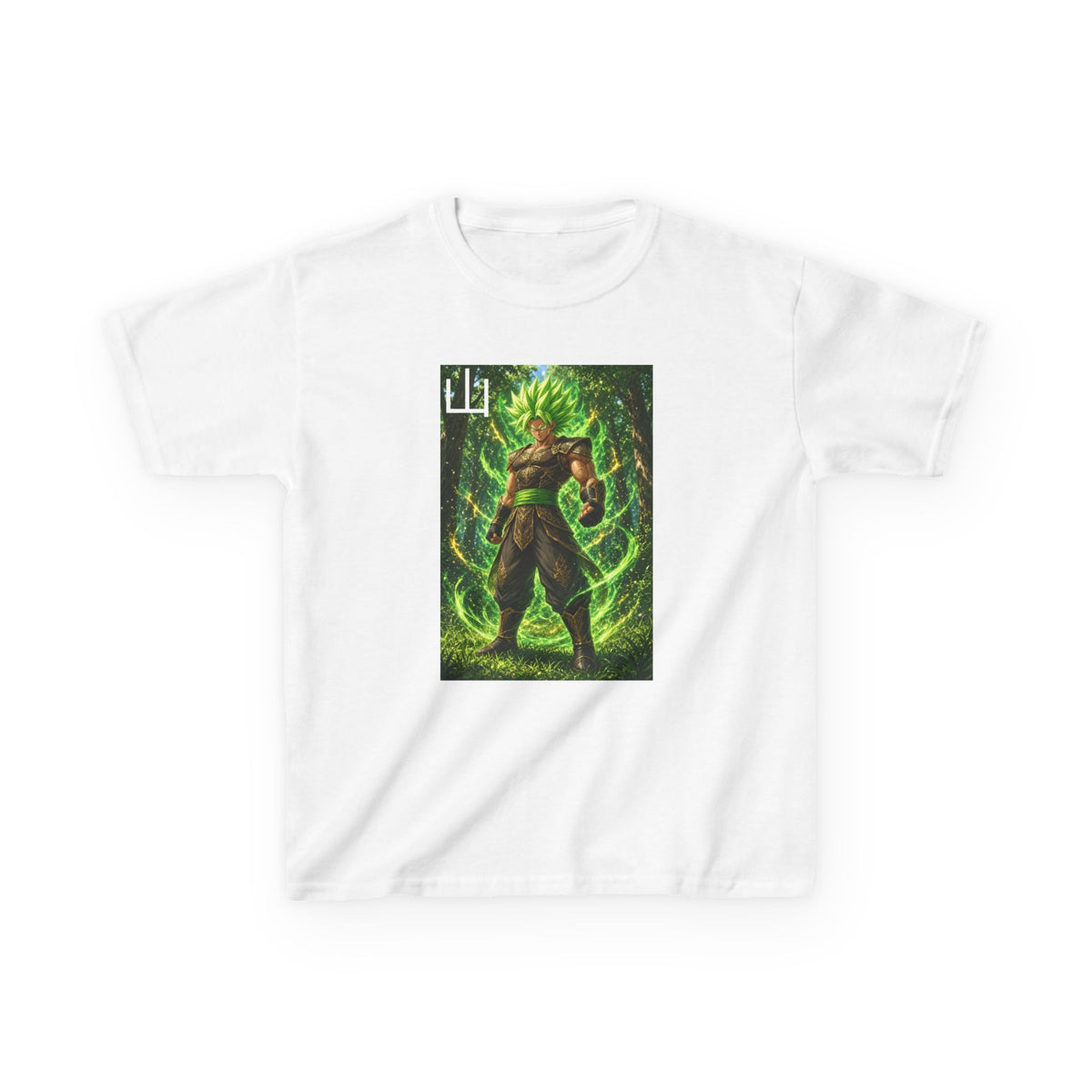 Emerald Forest Tee, Mountain Kanji Green Warrior Youth Shirt, Elemental Earth Fighter Graphic Kids Playwear Clothing