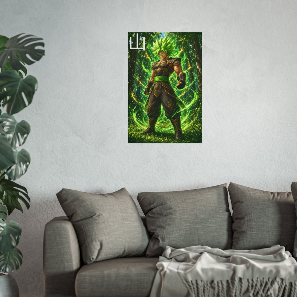 Mountain Kanji Poster, Emerald Green Aura Anime Art Print, Vertical Elemental Forest Fighter Giclee Wall Decor
