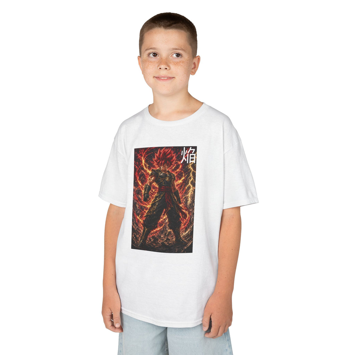Volcanic Crimson Tee, Flame Kanji Magma Warrior Youth Shirt, Elemental Fire Fighter Graphic Kids Playwear Clothing