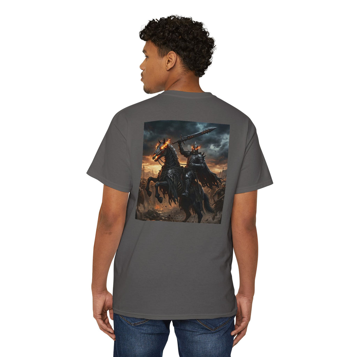 Front Pocket Emblem T-Shirt, Full Color Back Print Dark Knight Tee, Double Sided Medieval Undead Warrior Apparel
