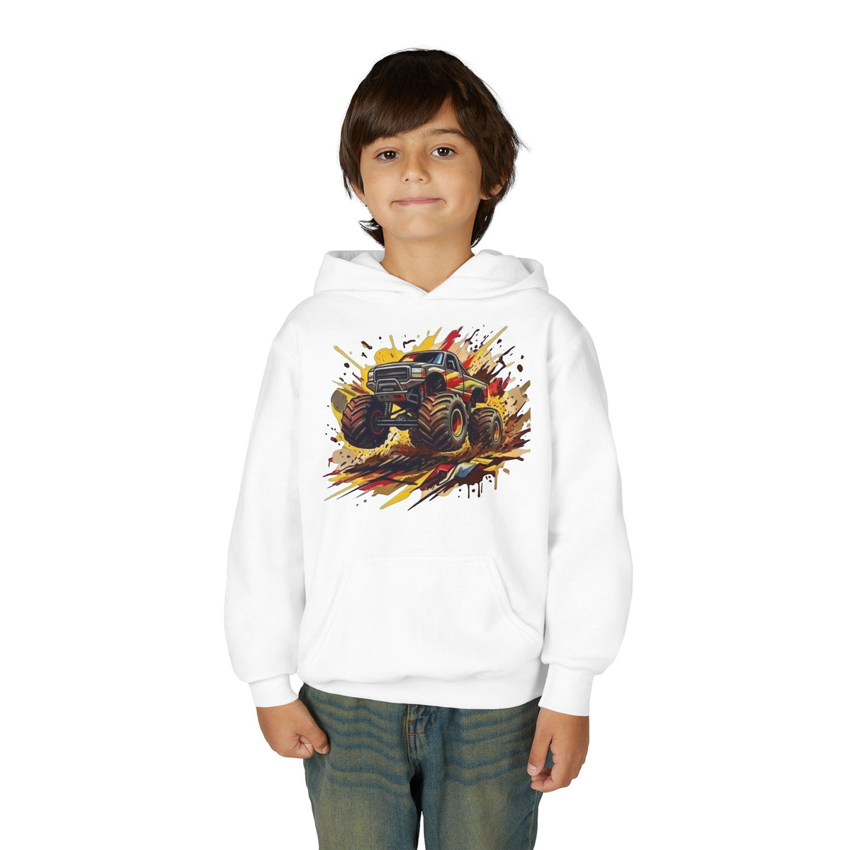 Monster Truck Illustration Youth Hoodie | Racing Mud Splash Graphic