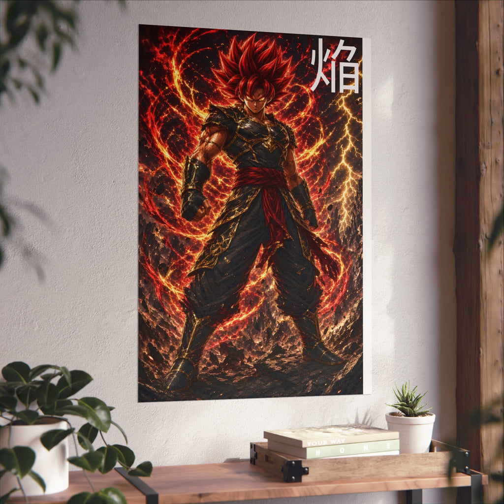 Flame Kanji Poster, Crimson Magma Aura Anime Art Print, Vertical Elemental Fire Fighter Giclee Wall Decor