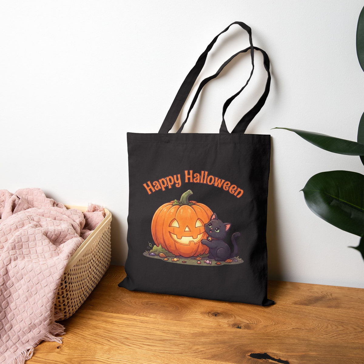Halloween Black Cat Tote Bag | Carved Pumpkin Canvas Market Bag