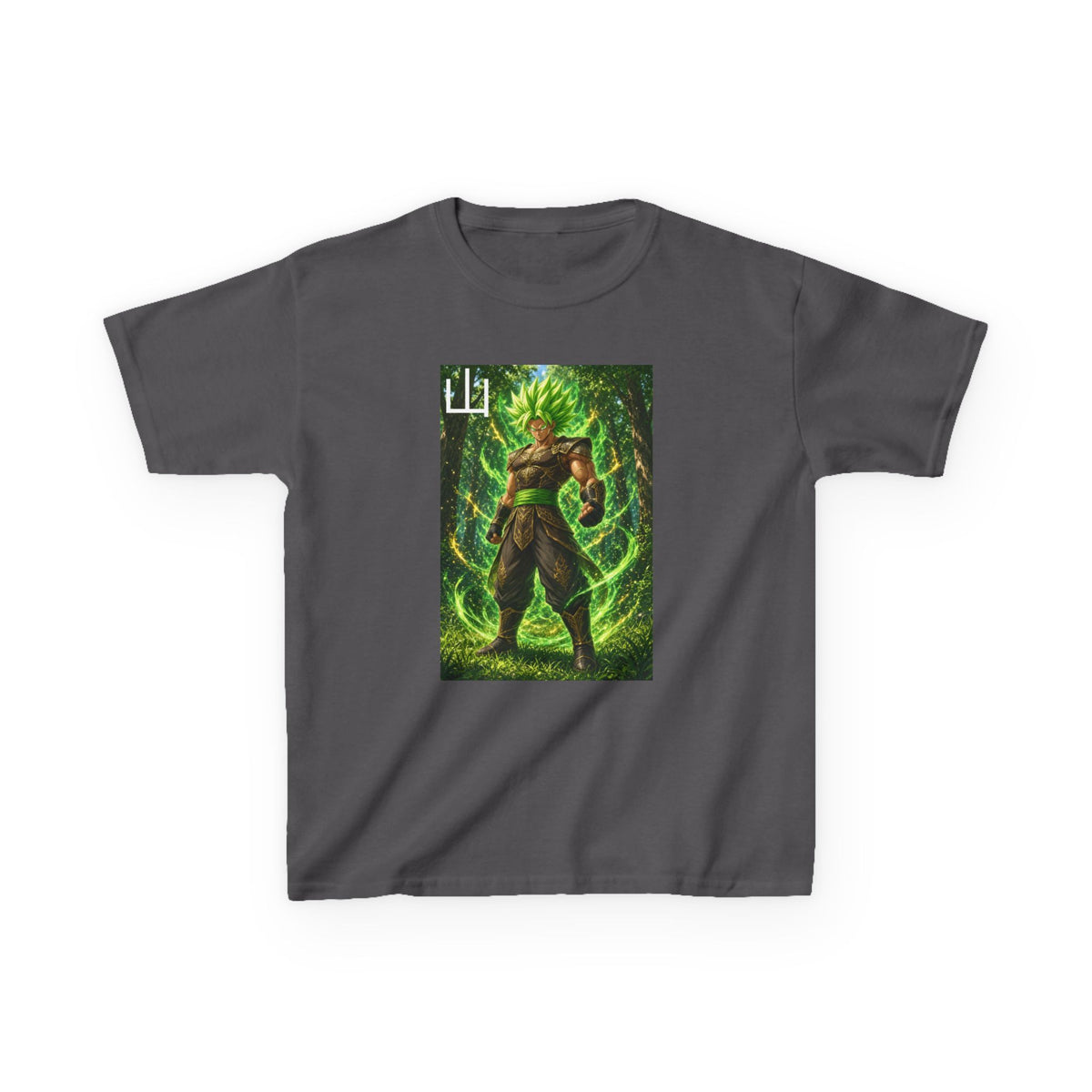 Emerald Forest Tee, Mountain Kanji Green Warrior Youth Shirt, Elemental Earth Fighter Graphic Kids Playwear Clothing