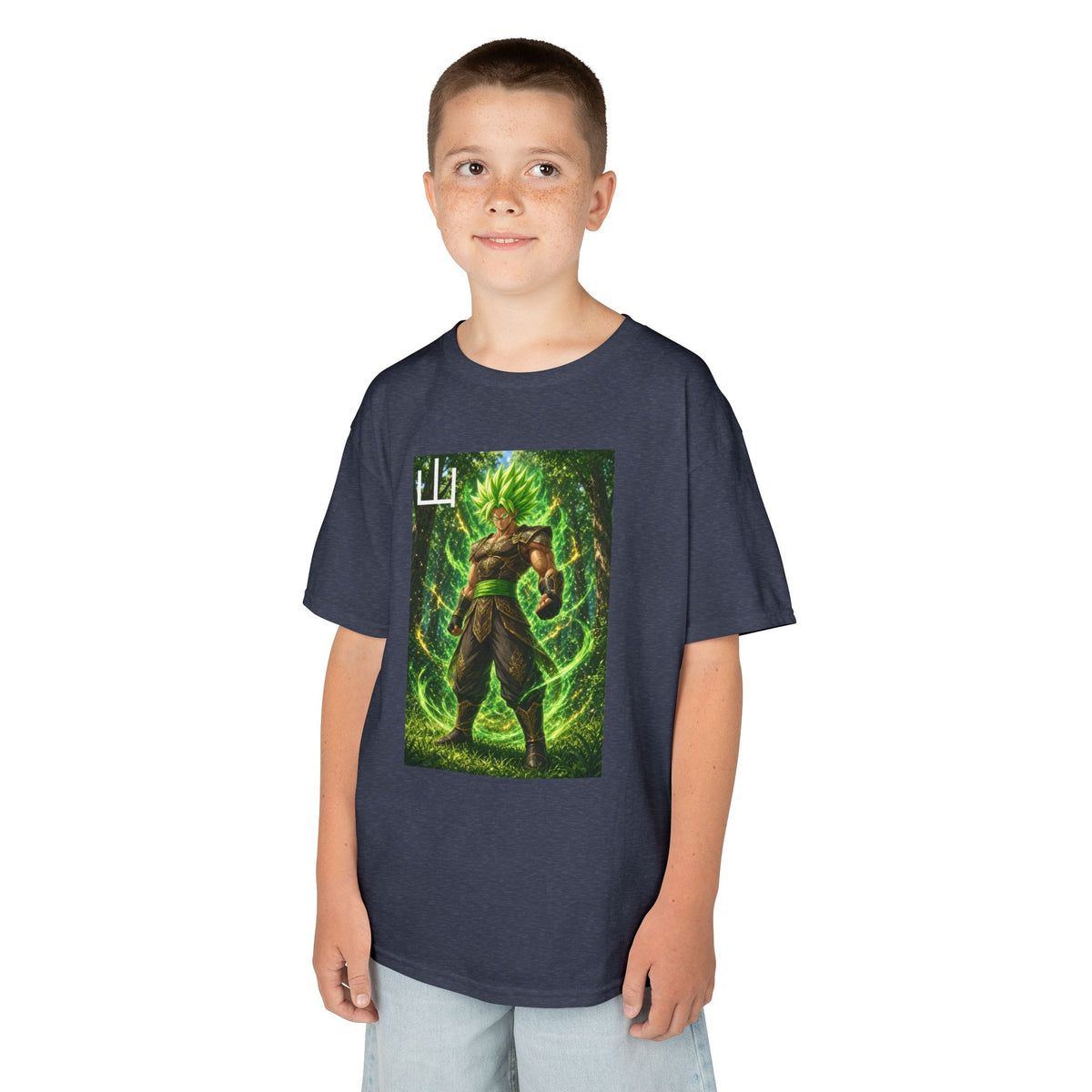 Emerald Forest Tee, Mountain Kanji Green Warrior Youth Shirt, Elemental Earth Fighter Graphic Kids Playwear Clothing