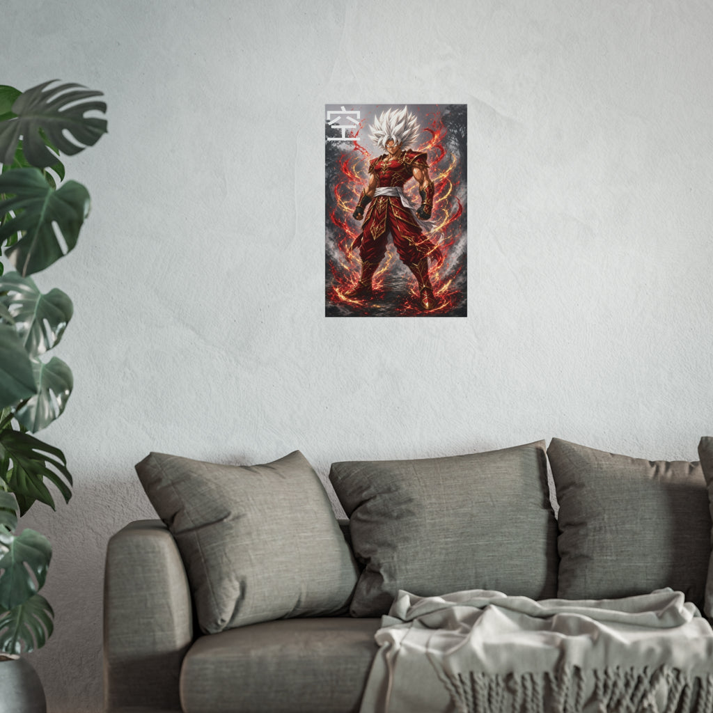 Sky Kanji Warrior Poster, White Hair God Mode Anime Art Print, Vertical Elemental Fighter Giclee Wall Decor