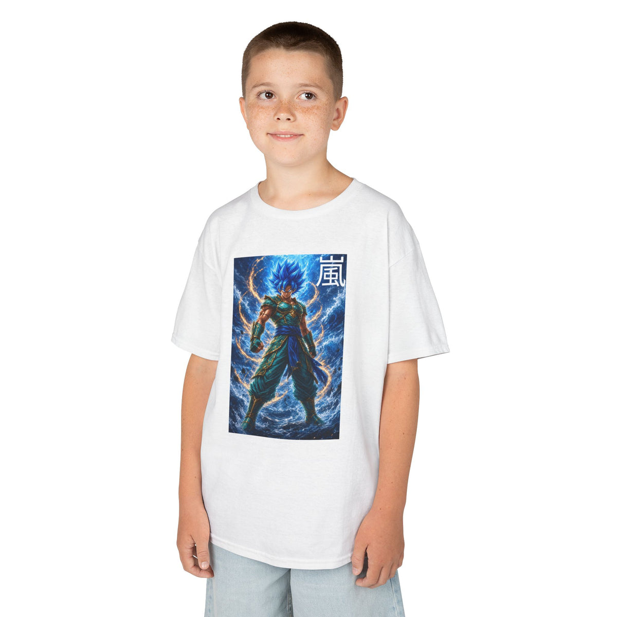Kinetic Lightning Tee, Storm Kanji Blue Warrior Youth Shirt, Elemental Electric Fighter Graphic Kids Playwear Clothing