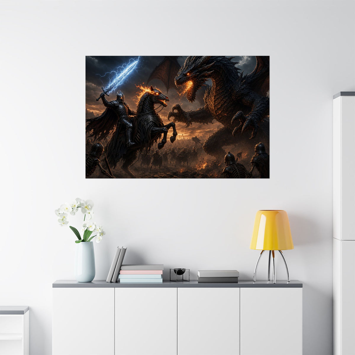 Horned Leviathan Standoff Poster, Horizontal Matte Dark Fantasy Wall Print, Lightning Sword vs Ancient Dragon Art for Game Room