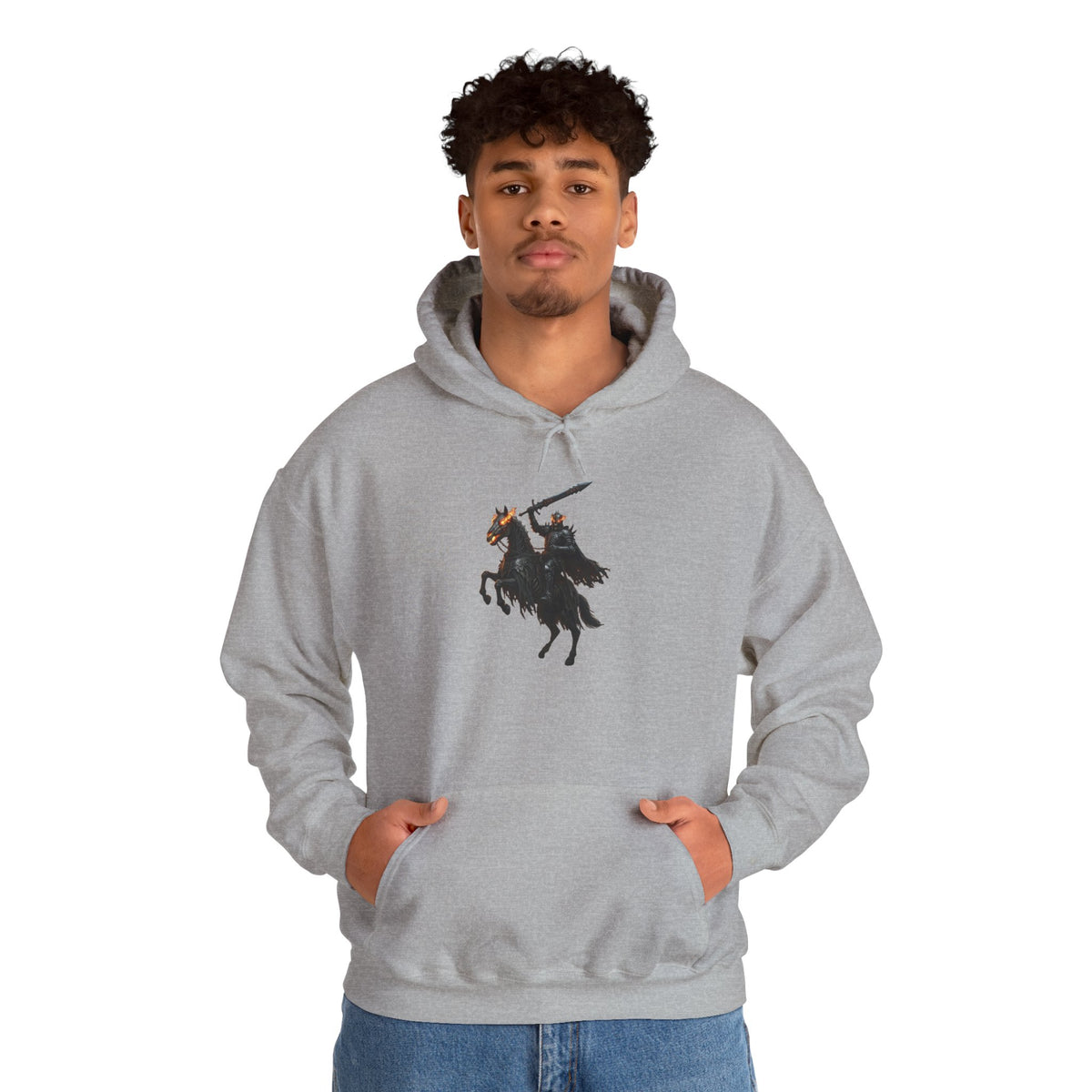 Minimalist Silhouette Front Hoodie, Full Color Back Battle Scene Sweatshirt, Double Sided Gothic Heavyweight Pullover Apparel