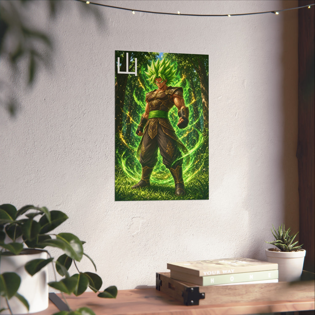 Mountain Kanji Poster, Emerald Green Aura Anime Art Print, Vertical Elemental Forest Fighter Giclee Wall Decor