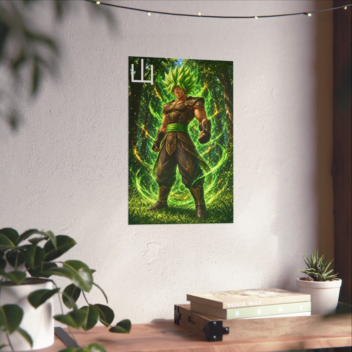 Mountain Kanji Poster, Emerald Green Aura Anime Art Print, Vertical Elemental Forest Fighter Giclee Wall Decor
