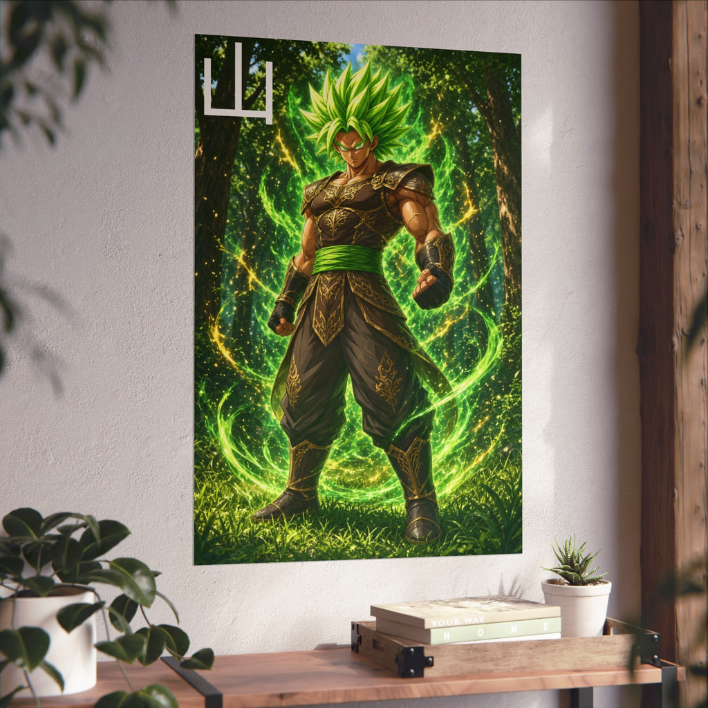 Mountain Kanji Poster, Emerald Green Aura Anime Art Print, Vertical Elemental Forest Fighter Giclee Wall Decor