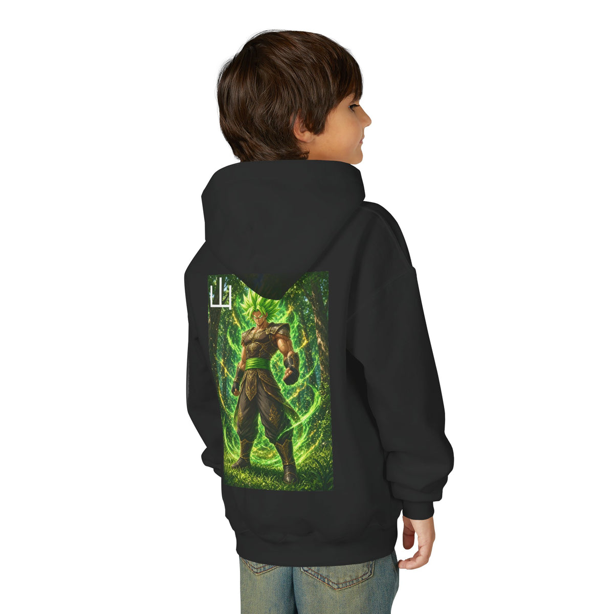 Deep Forest Warrior Hoodie, Mountain Kanji Anime Kids Pullover, Front Minimal Chest Text Back Print Elemental Graphic Youth Sweatshirt